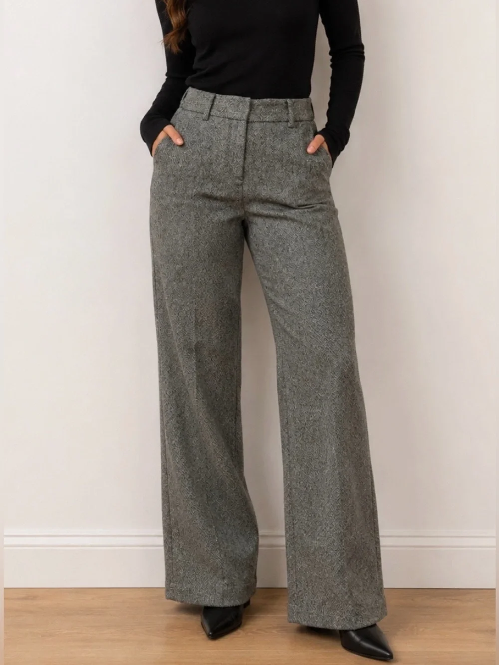Tory Burch Wool Lurex Herringbone Wide-Leg Trousers Black Gold Grey Size 0